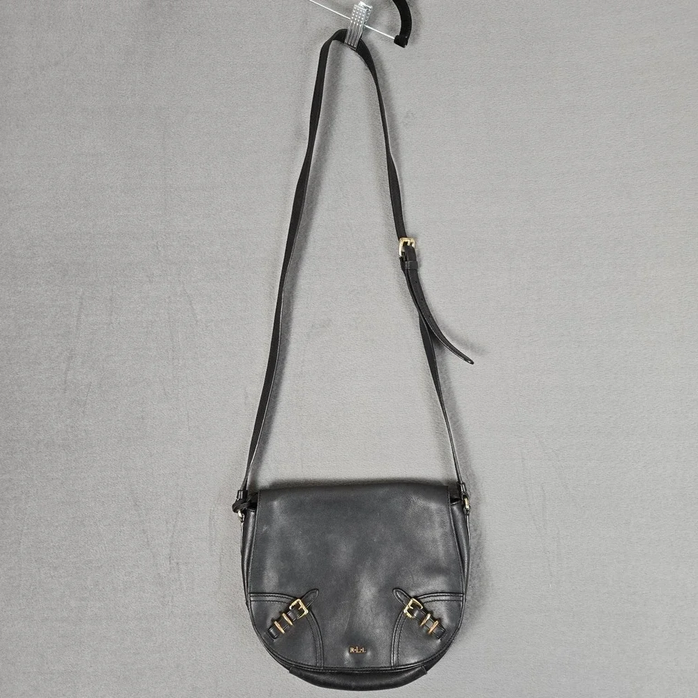 Lauren Ralph Lauren Womens Leather Magnet Close Crossbody Shoulder Handbag Black